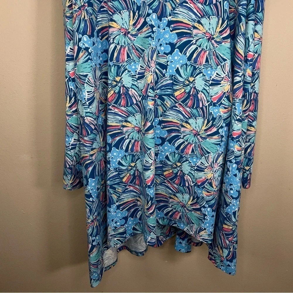 3XL XXXL BLUE ABSTRACT FLORAL SHRUG TOP BLOUSE OPEN FRONT COLORFUL LONG SLEEVE